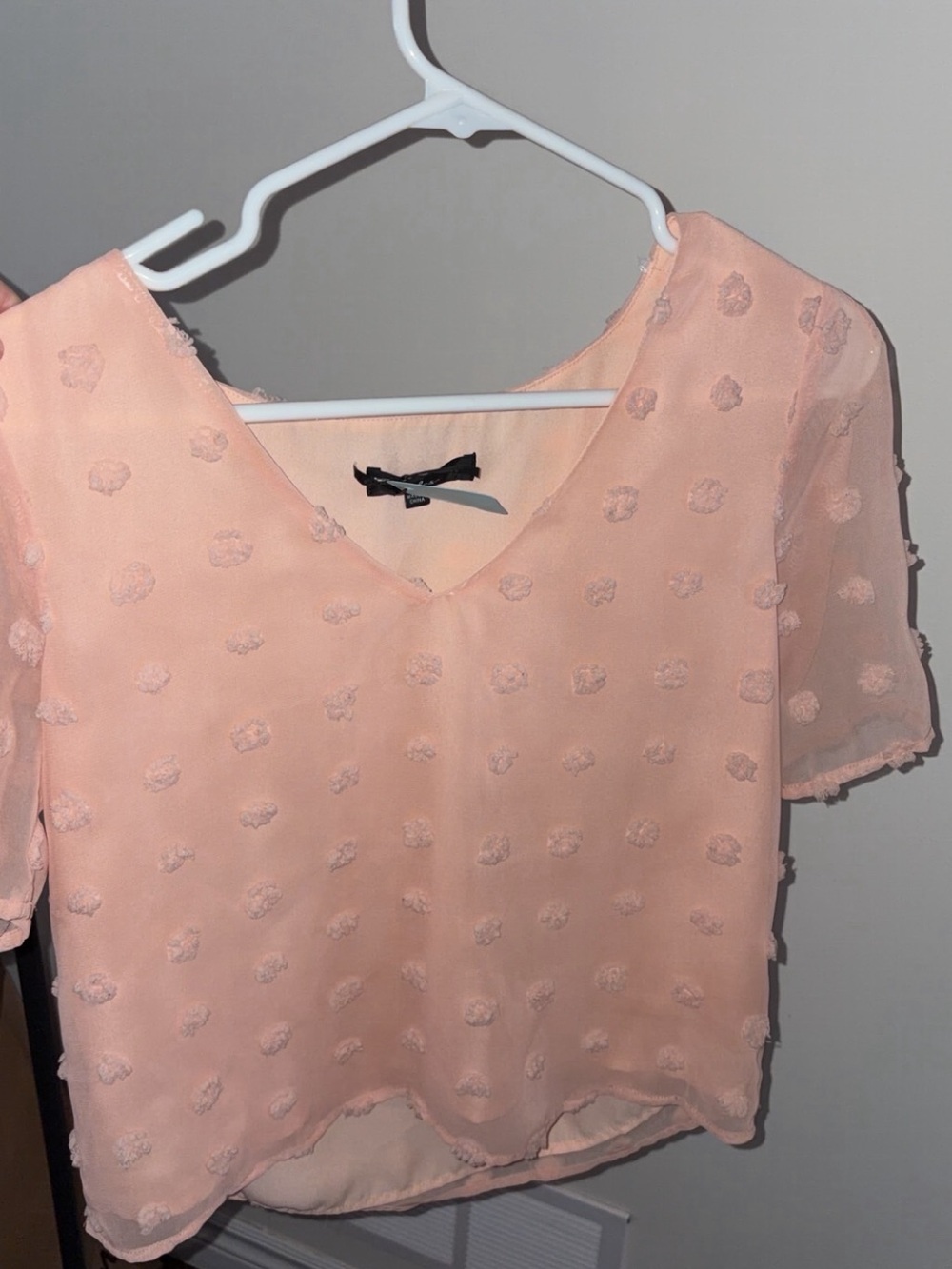 Lulu's Peach Swiss Dot V-Neck Short Sleeve Blouse